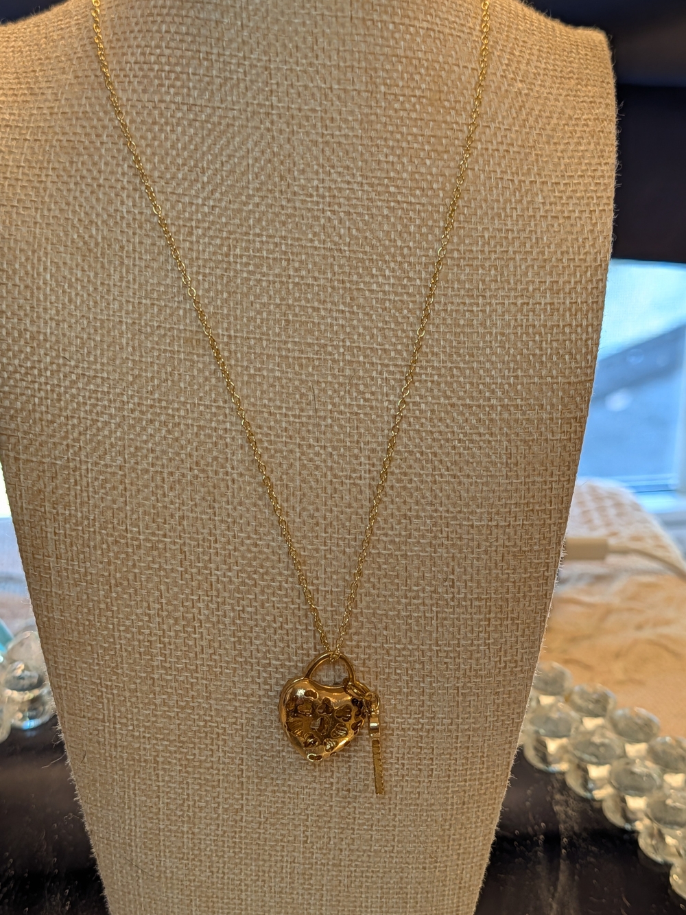 Gold Heart Padlock Necklace with Key Charm